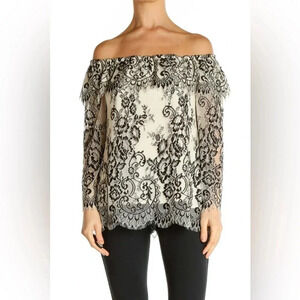 White House Black Market Elegant Black & Ivory Lace Off Shoulder Blouse Size XS